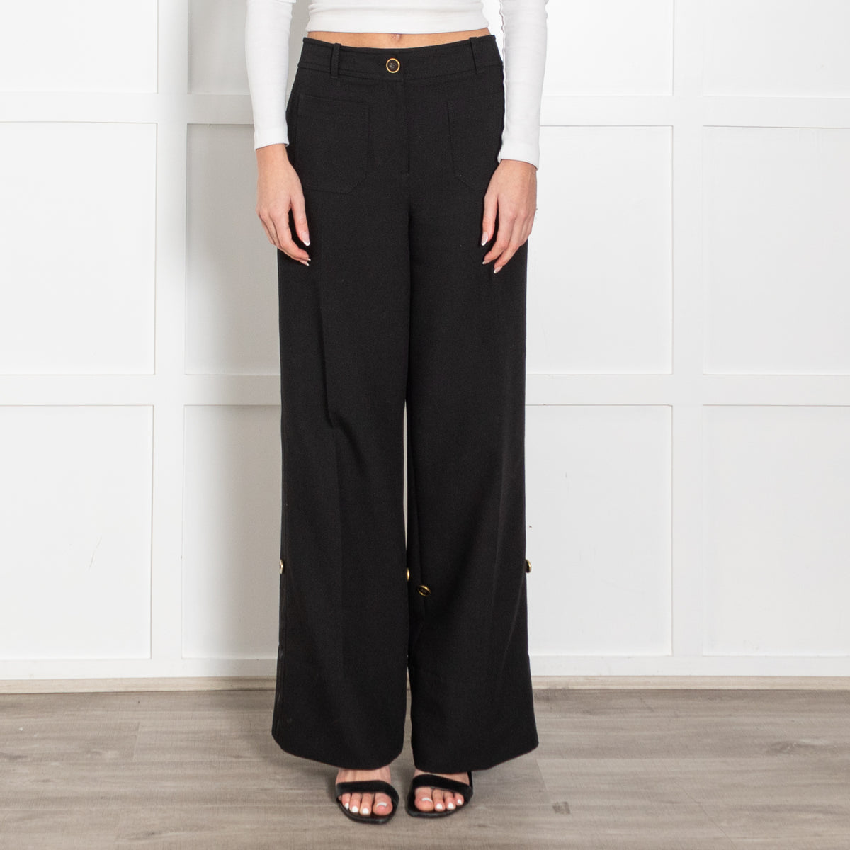 Me + Em Black Gold Button Optional Turn Up Wide Leg Trousers