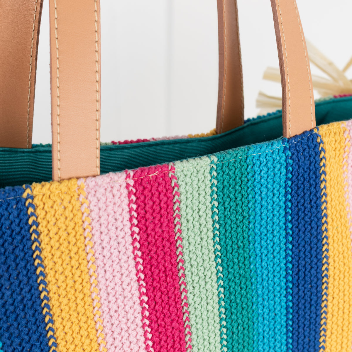 La Double J Vibrant Striped Crochet Knit Tote With Raffia Fringe Trim
