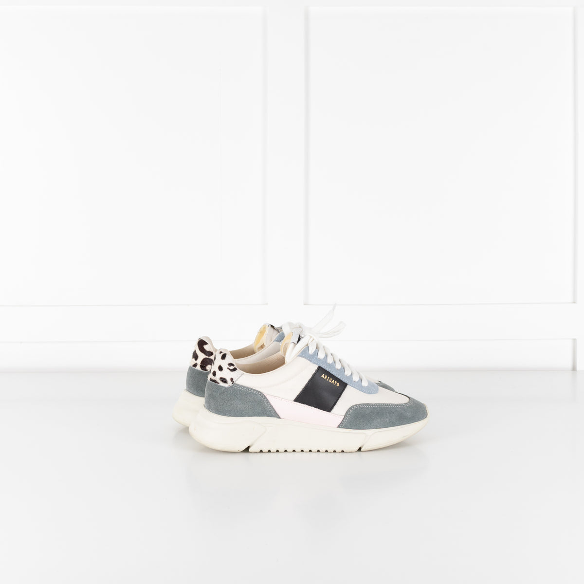 Axel Arigato Cream Genesis Vintage Runner Trainers With Blue Suede And Lepoard Print Heel