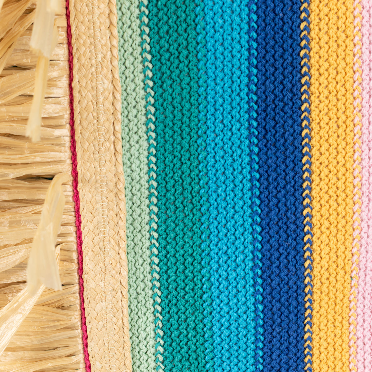 La Double J Vibrant Striped Crochet Knit Tote With Raffia Fringe Trim