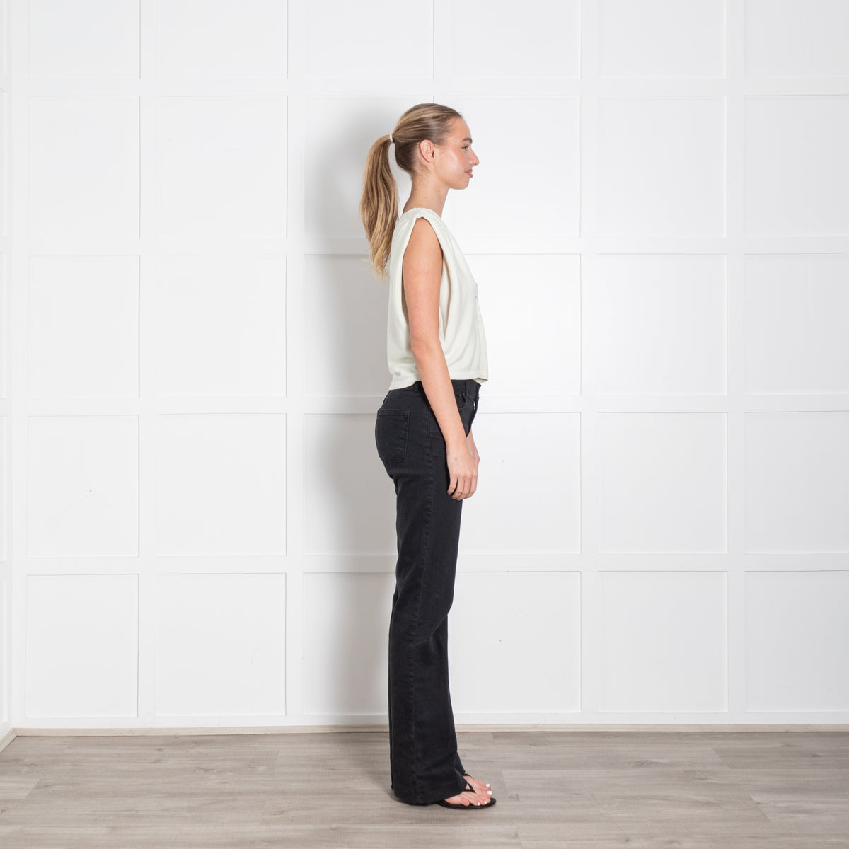 Ba & Sh Pistachio Green Sleeveless V-Back Crystal Button Sleeveless Knit Top