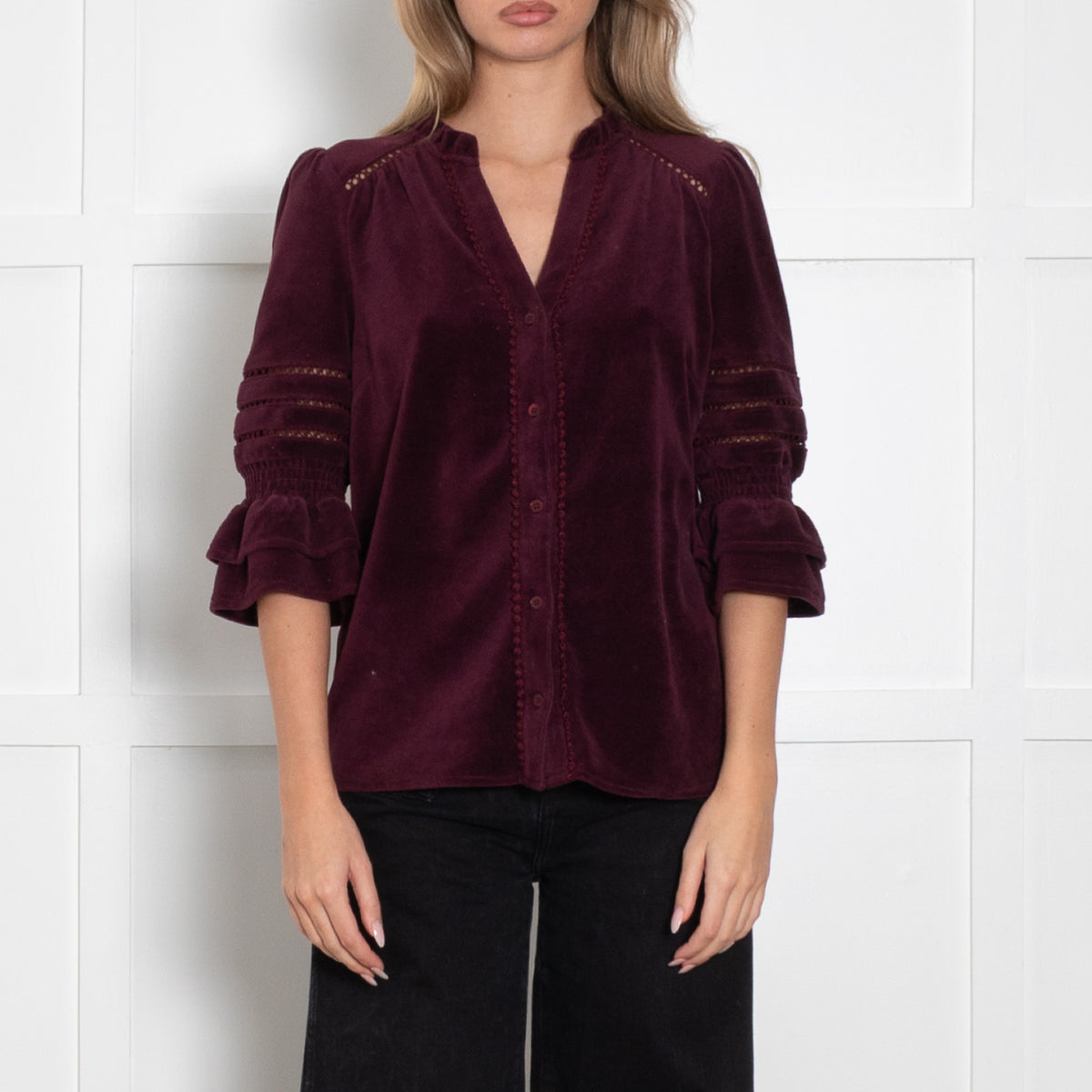Wyse Burgundy Frill Lace Detail Pin Needle Cord Top