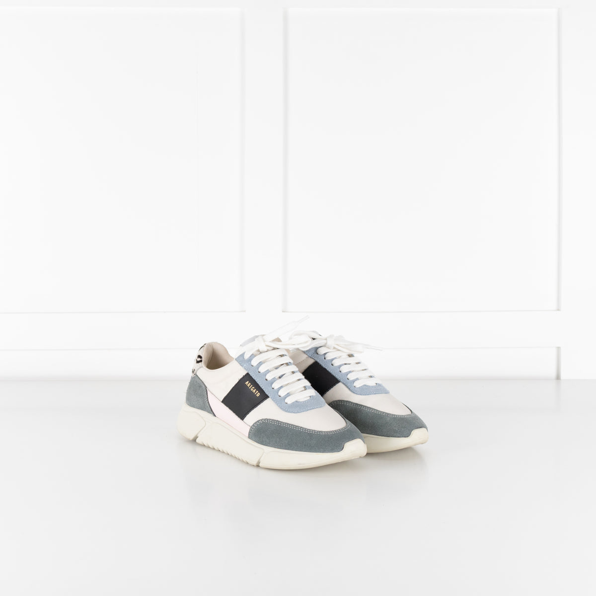 Axel Arigato Cream Genesis Vintage Runner Trainers With Blue Suede And Lepoard Print Heel