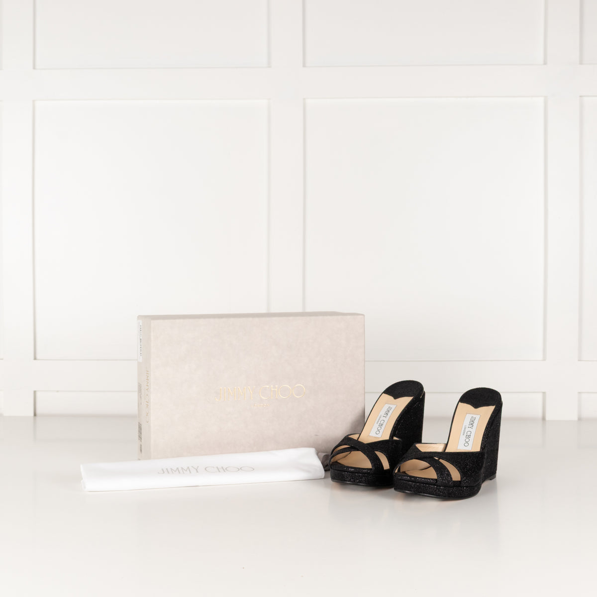 Jimmy Choo Black Shiny Wetlook Wedges