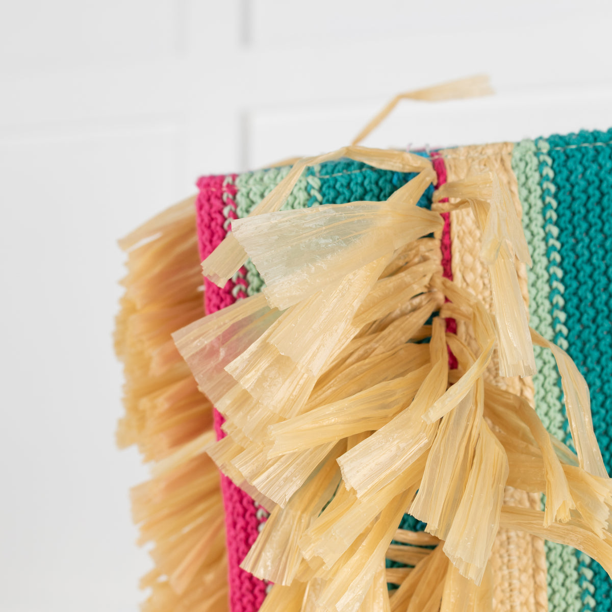 La Double J Vibrant Striped Crochet Knit Tote With Raffia Fringe Trim