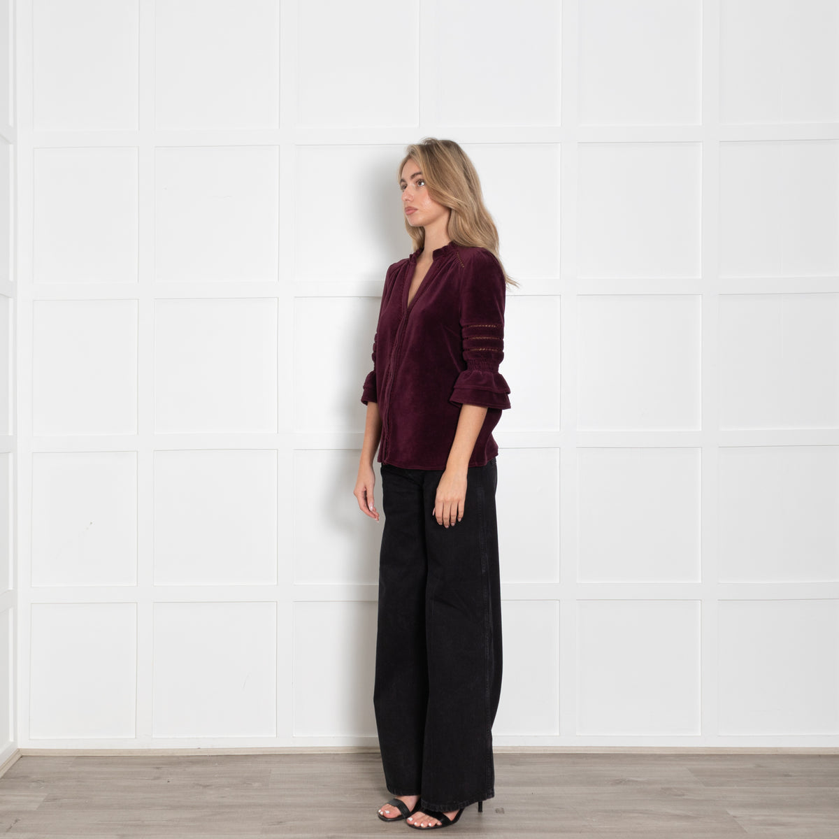 Wyse Burgundy Frill Lace Detail Pin Needle Cord Top