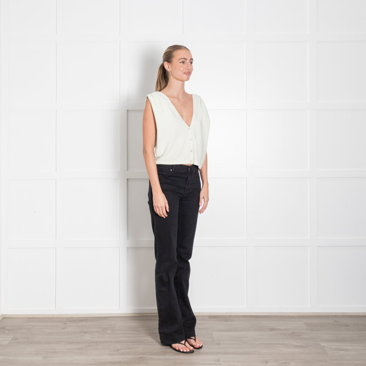 Ba & Sh Pistachio Green Sleeveless V-Back Crystal Button Sleeveless Knit Top