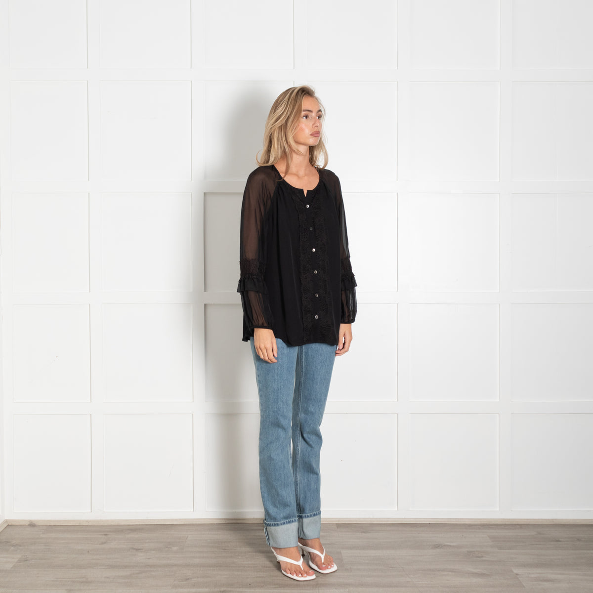Diane Von Furstenberg Black Lace Trim Blouse