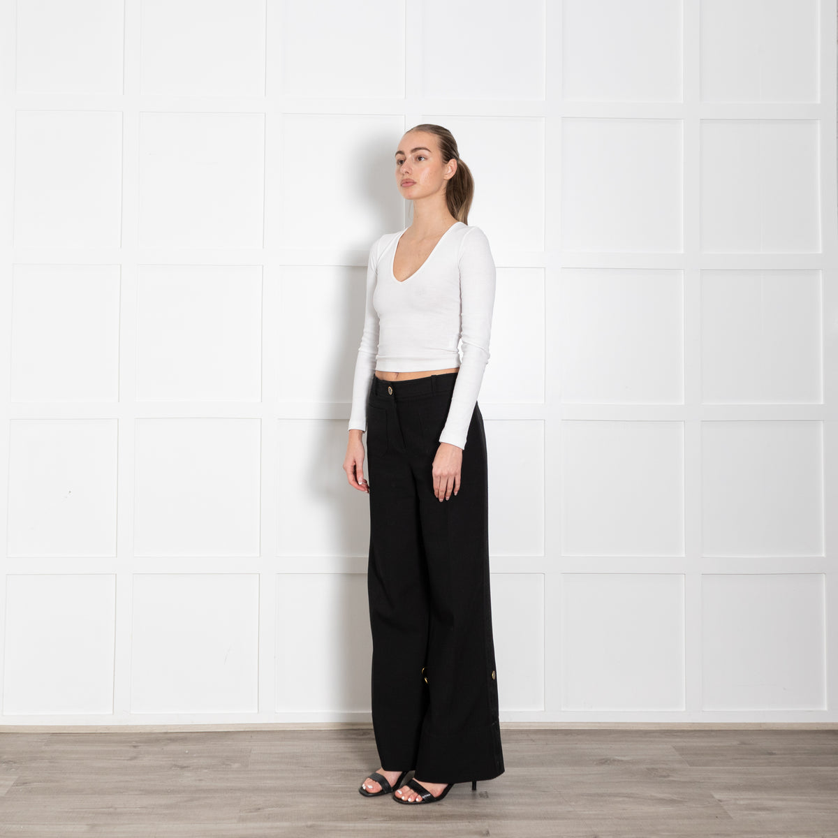 Me + Em Black Gold Button Optional Turn Up Wide Leg Trousers