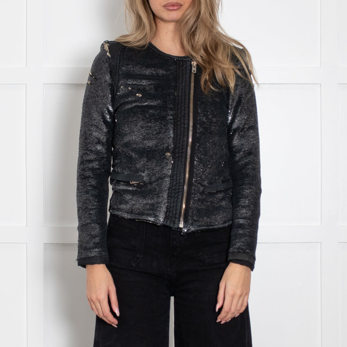 IRO Silver Sequin Leather Panel Jacket