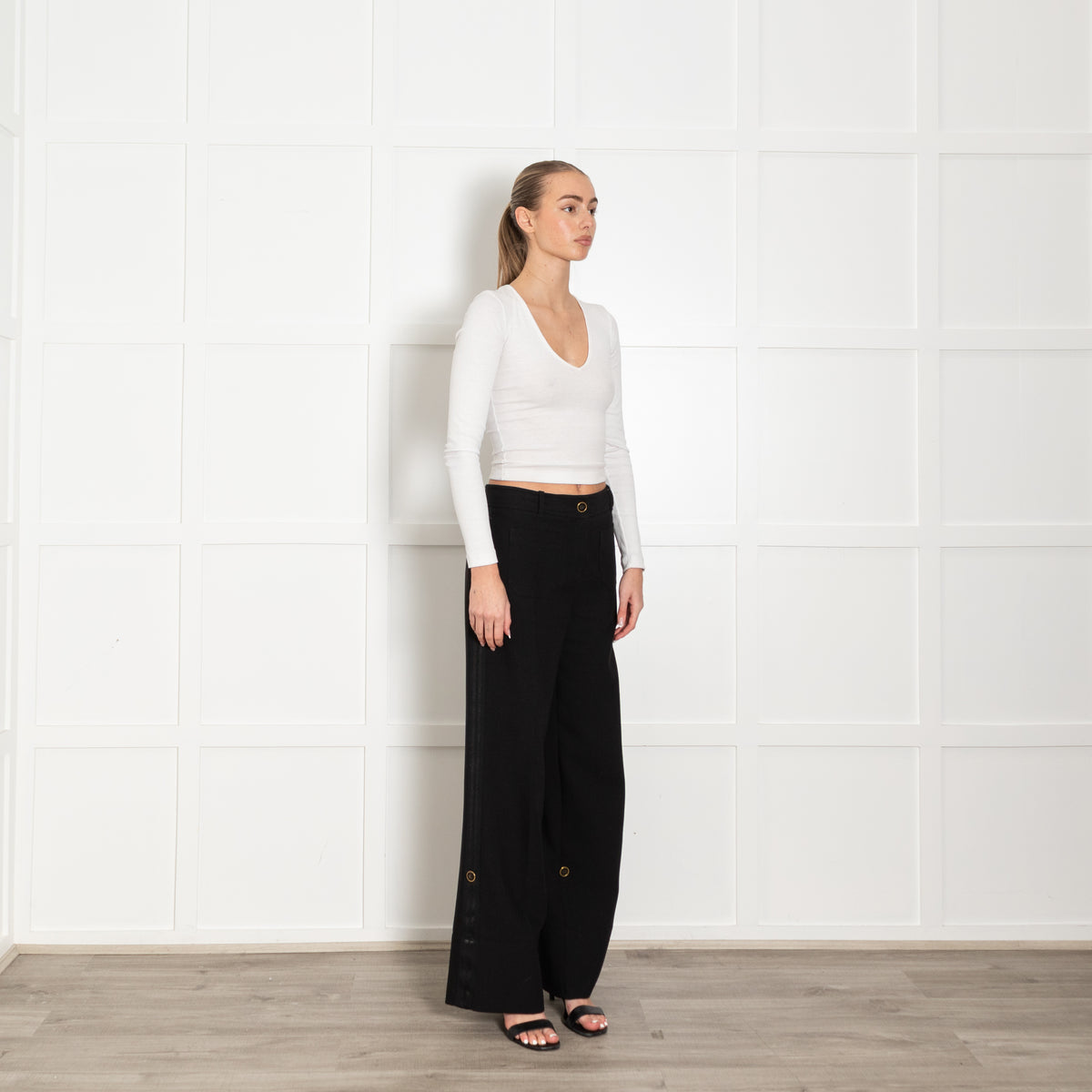 Me + Em Black Gold Button Optional Turn Up Wide Leg Trousers