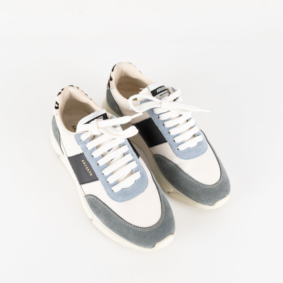 Axel Arigato Cream Genesis Vintage Runner Trainers With Blue Suede And Lepoard Print Heel