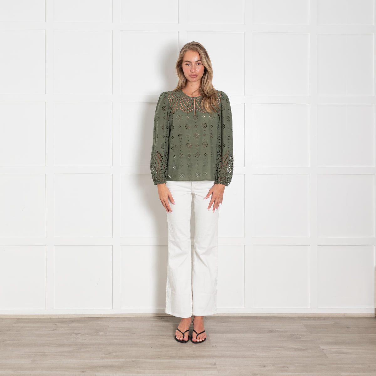 Wyse Khaki Green Cotton Broidery Long Sleeved Top