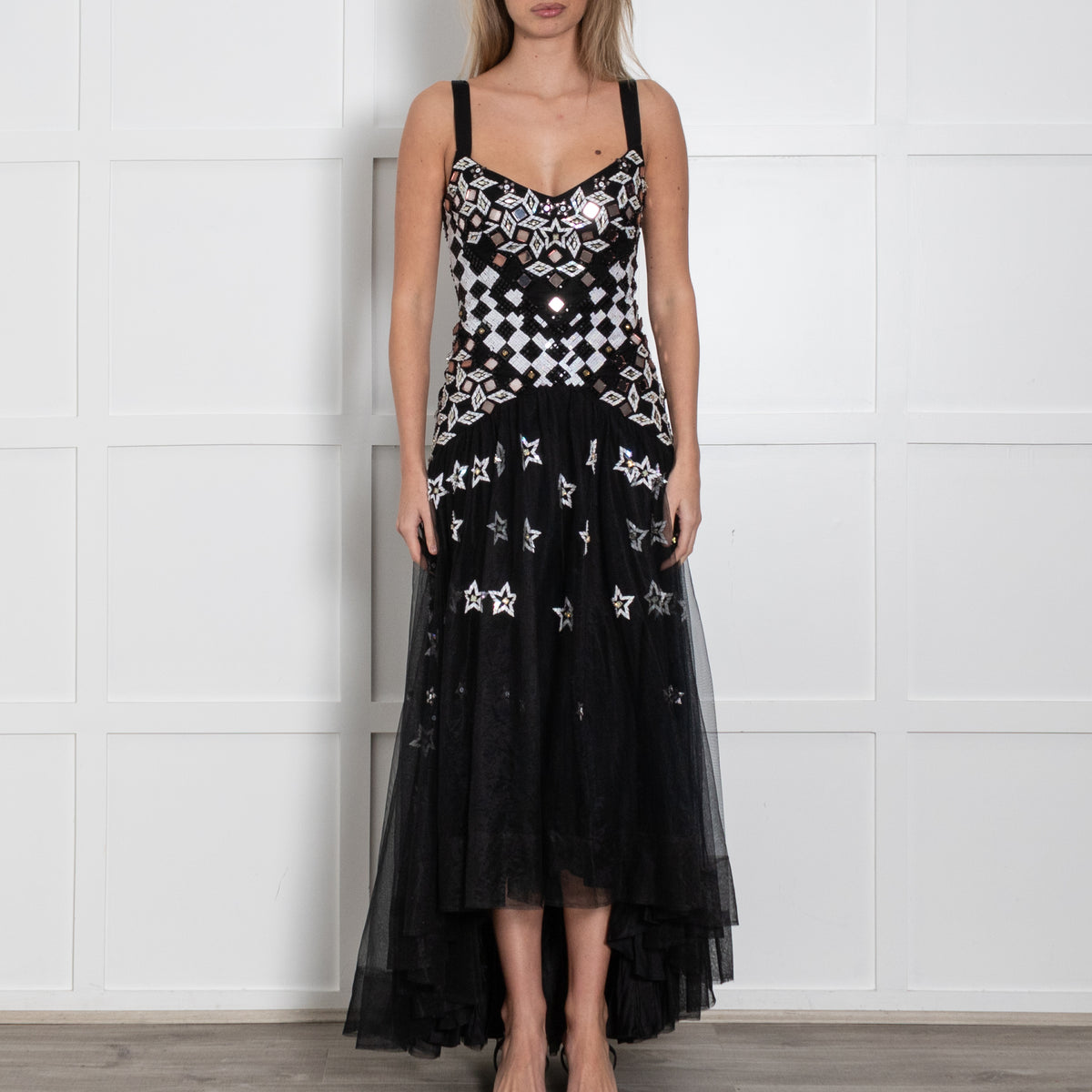 Temperley Black White Sequinned Net Sleeveless Long Dress