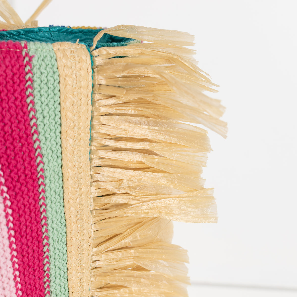 La Double J Vibrant Striped Crochet Knit Tote With Raffia Fringe Trim