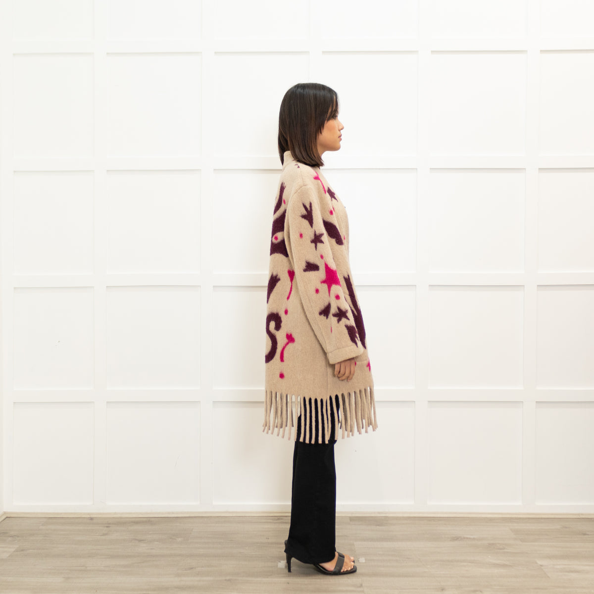 Otto D'Ame Beige With Pink Pattern And Fringed Hem Knit Coat