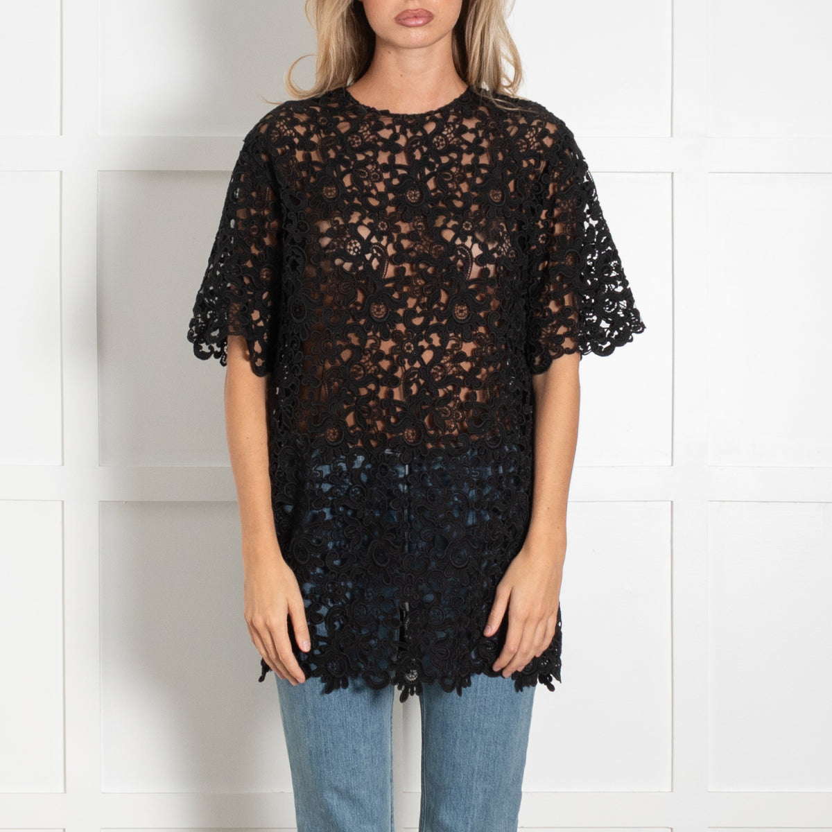 Valentino Black Lace Short Sleeve Tunic Top