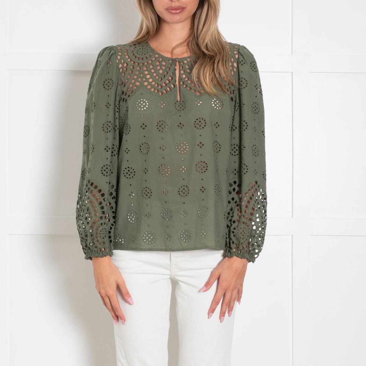 Wyse Khaki Green Cotton Broidery Long Sleeved Top