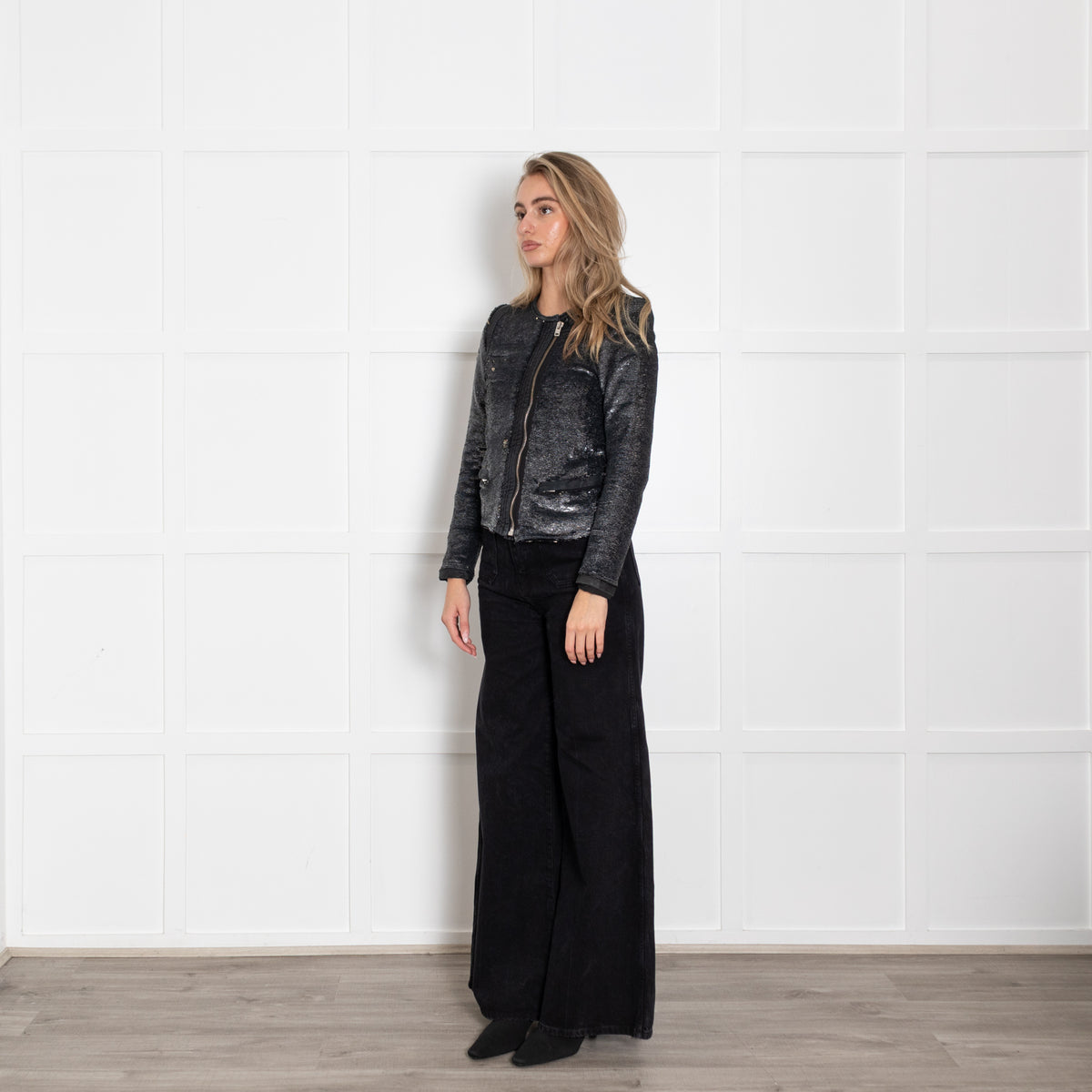 IRO Silver Sequin Leather Panel Jacket