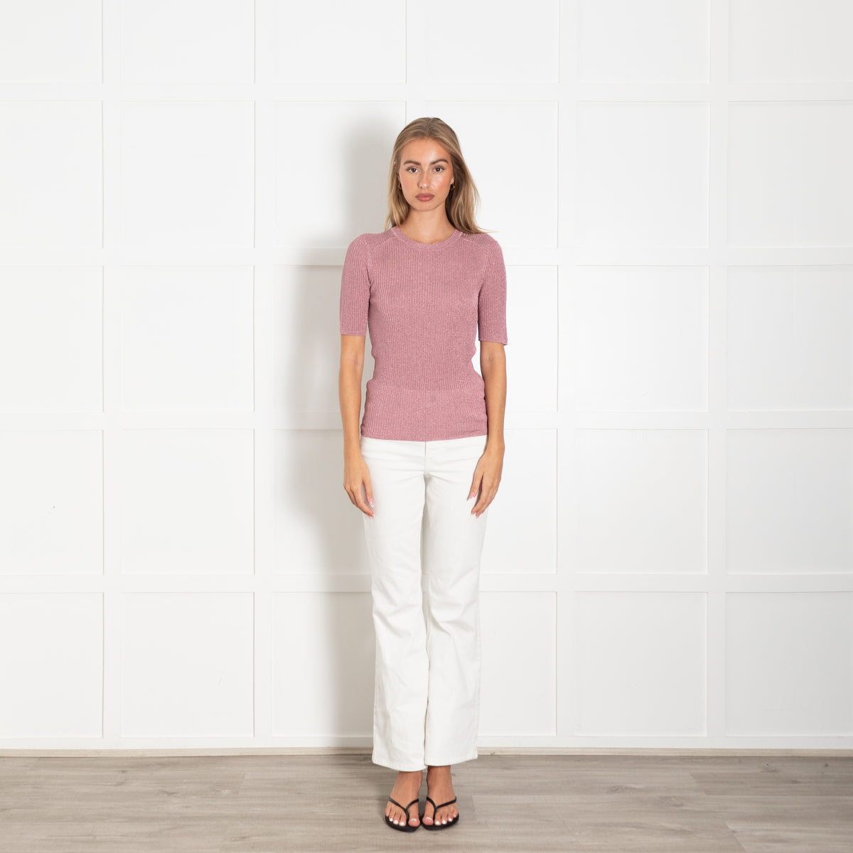 Ba&sh Pink Lurex Short Sleeve Rib Top