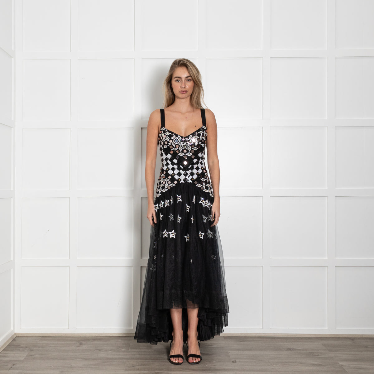Temperley Black White Sequinned Net Sleeveless Long Dress