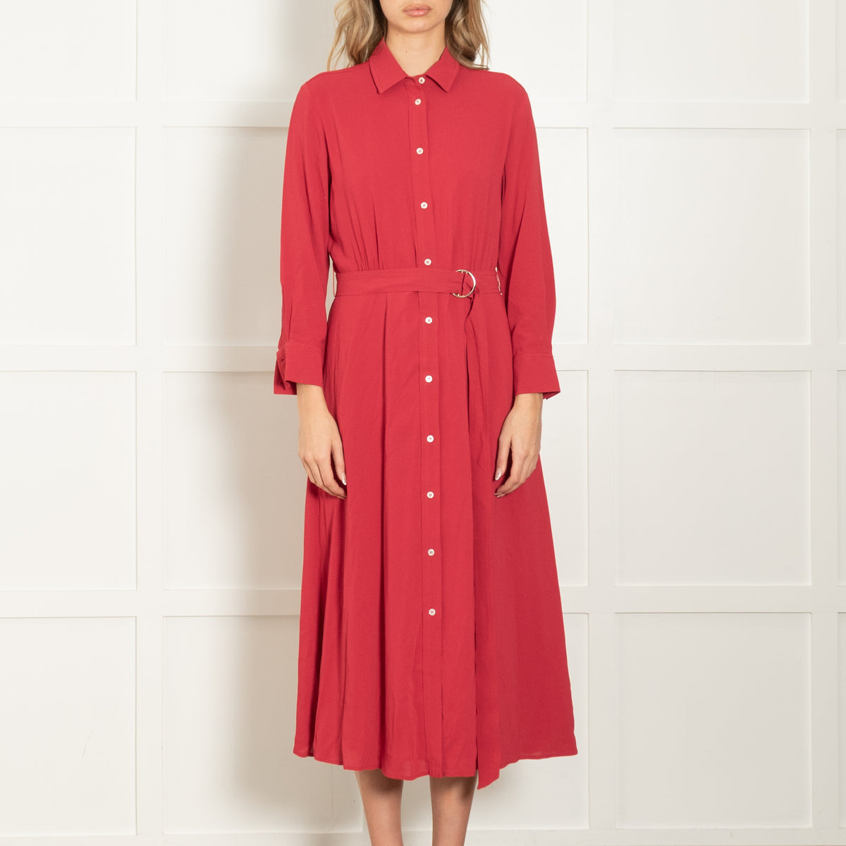 Marella Red Button Front Belted Maxi Shirt Dress