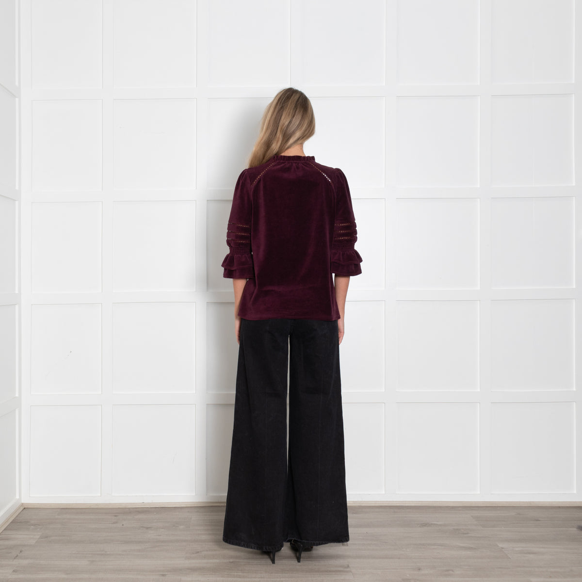 Wyse Burgundy Frill Lace Detail Pin Needle Cord Top