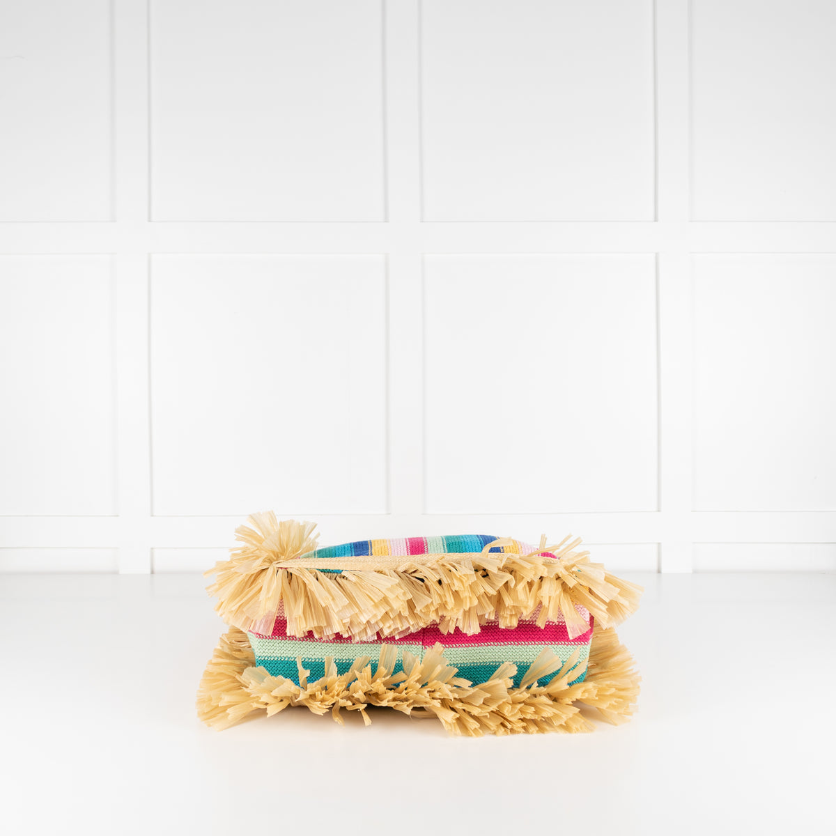 La Double J Vibrant Striped Crochet Knit Tote With Raffia Fringe Trim
