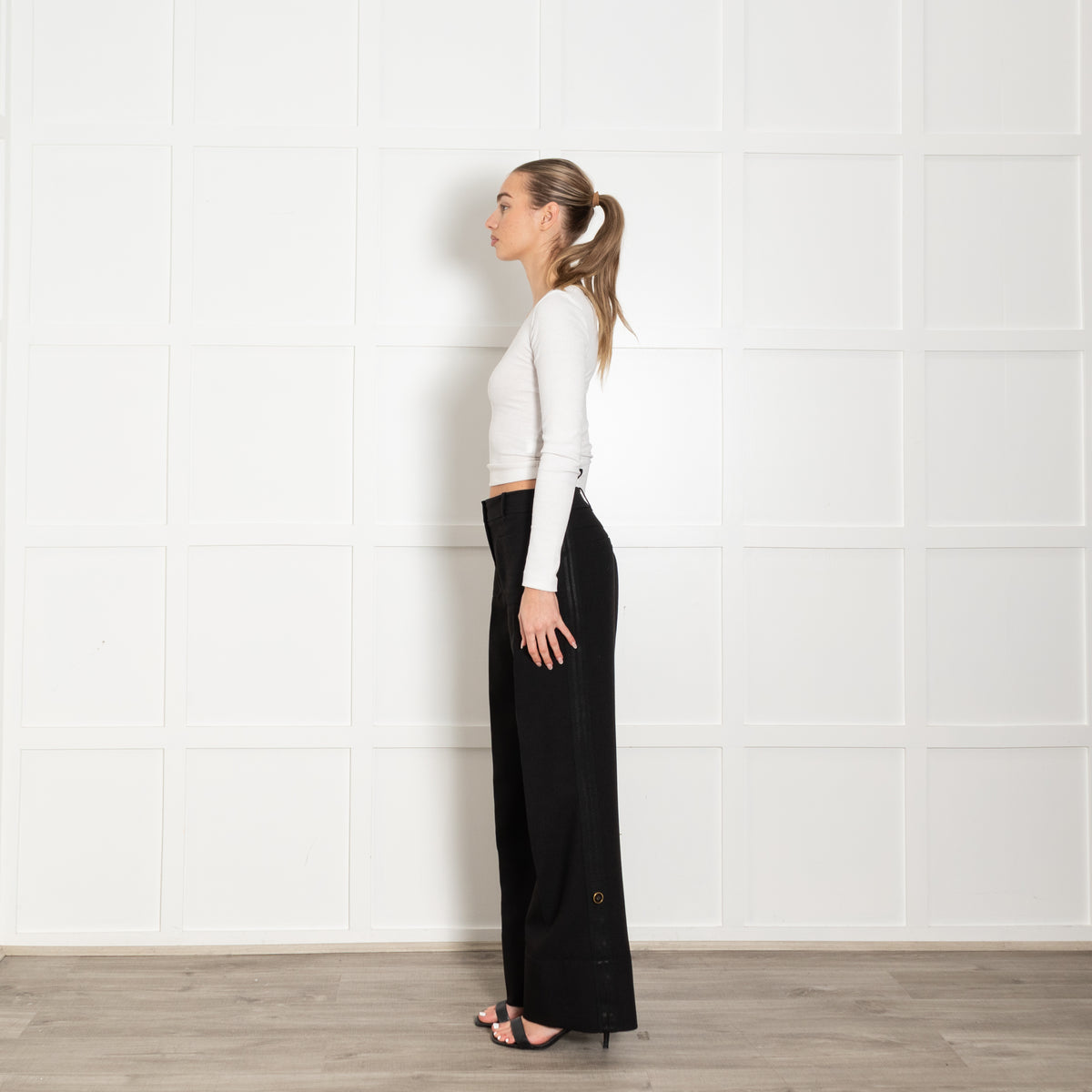 Me + Em Black Gold Button Optional Turn Up Wide Leg Trousers