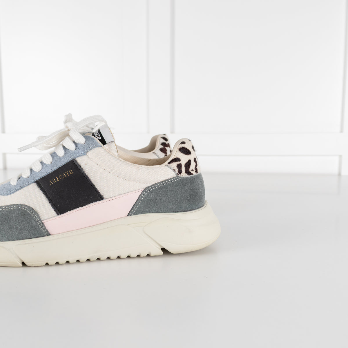Axel Arigato Cream Genesis Vintage Runner Trainers With Blue Suede And Lepoard Print Heel
