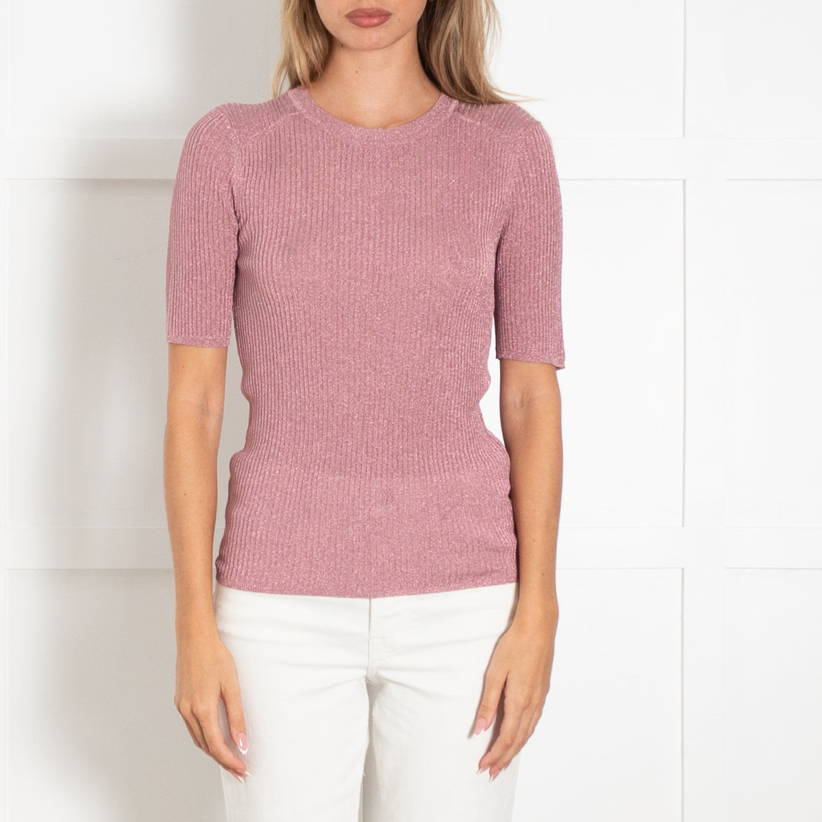 Ba&sh Pink Lurex Short Sleeve Rib Top