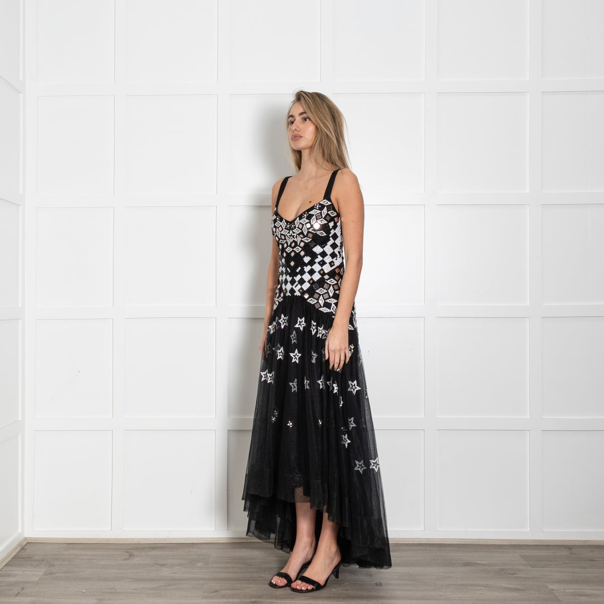 Temperley Black White Sequinned Net Sleeveless Long Dress