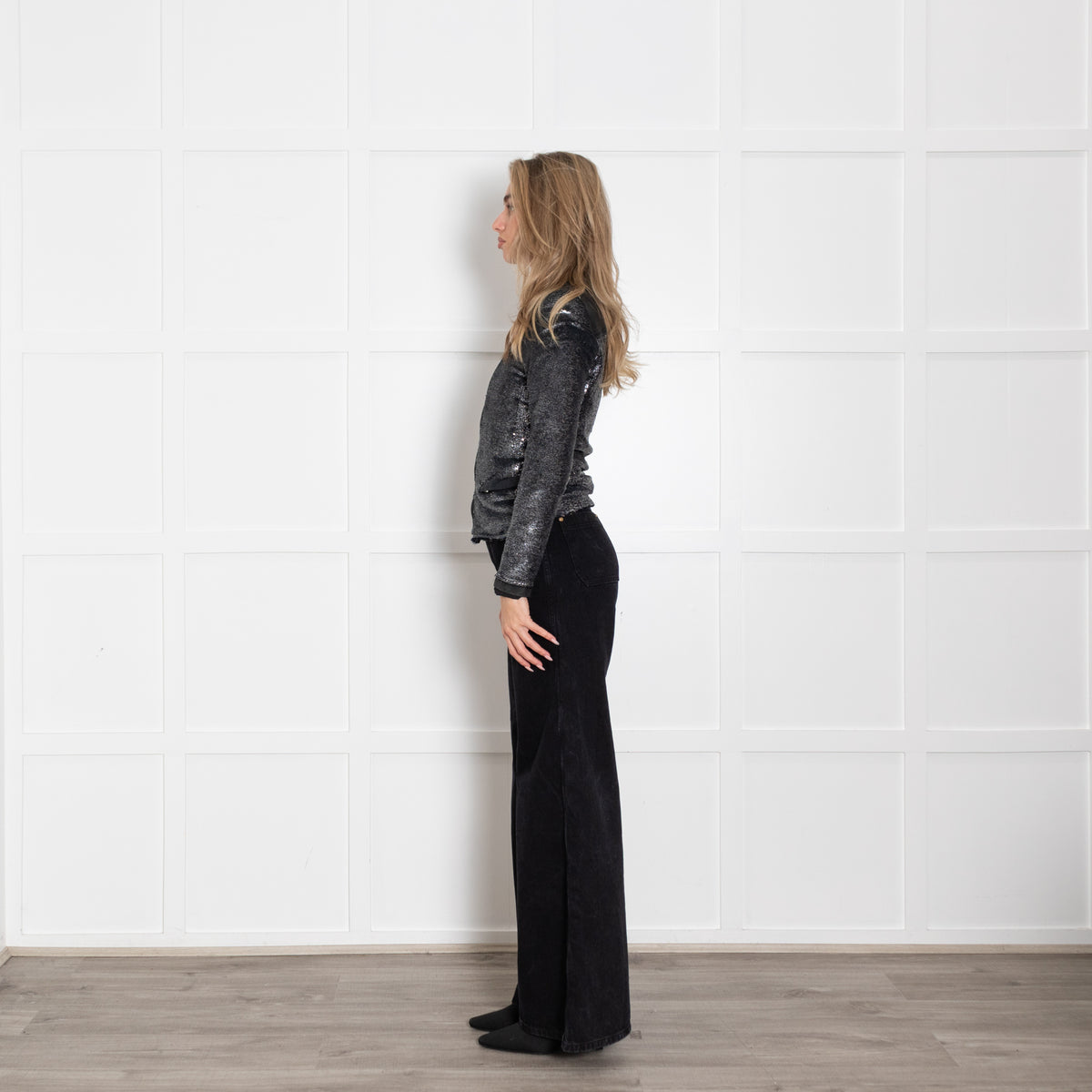 IRO Silver Sequin Leather Panel Jacket