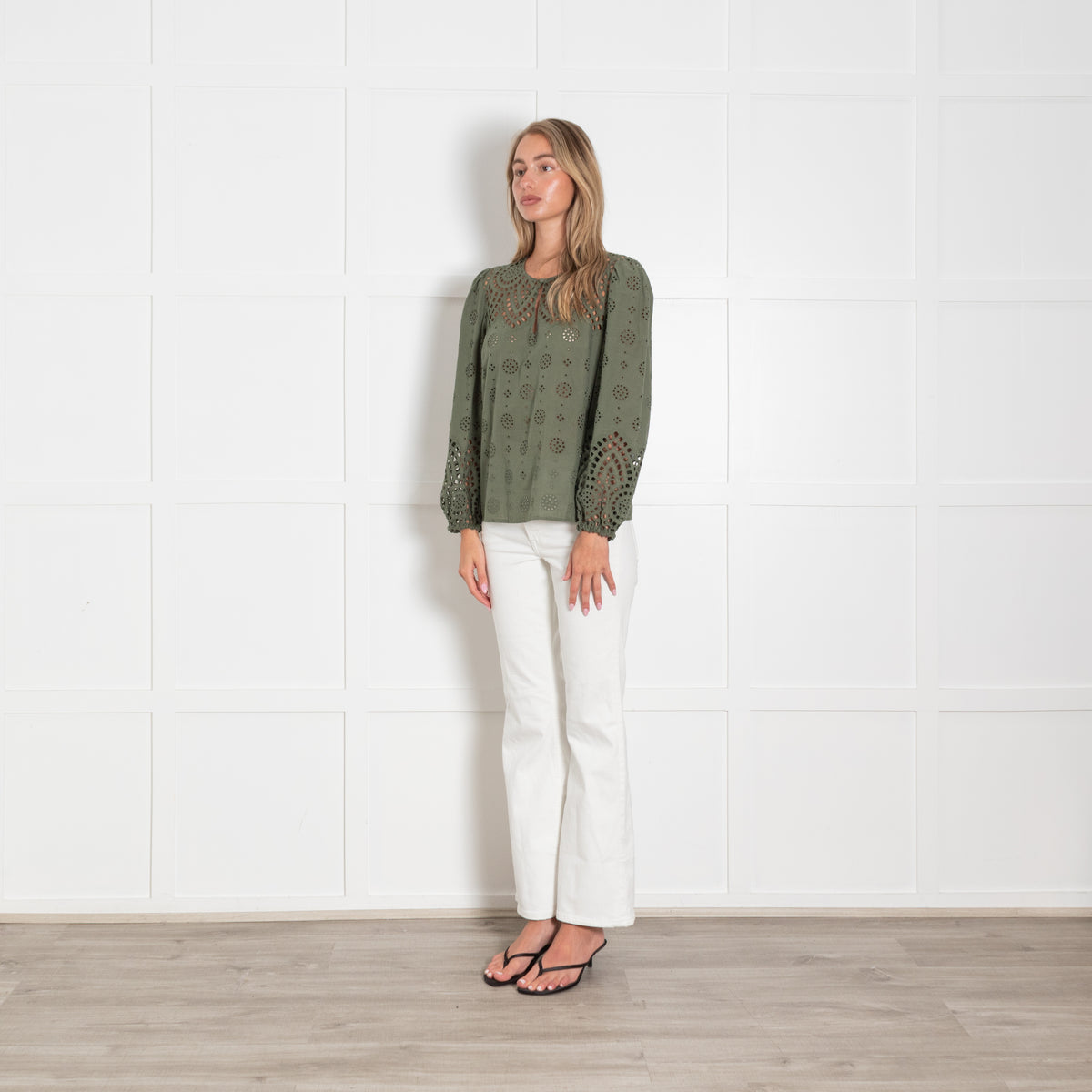 Wyse Khaki Green Cotton Broidery Long Sleeved Top