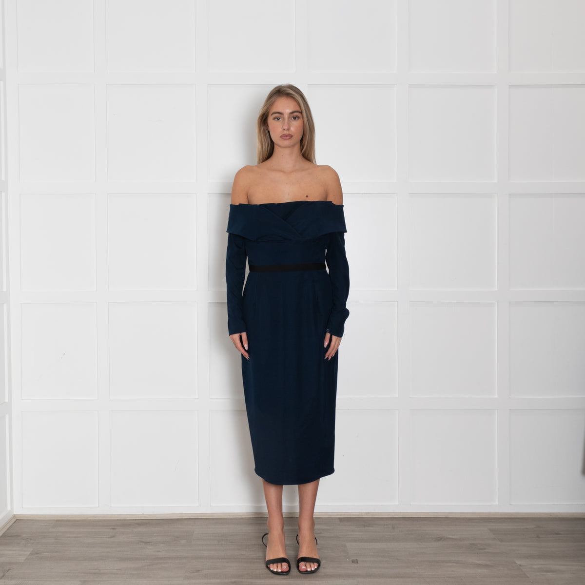 Emilio De La Morena Navy Blue Boned Bodice Sleeved Dress