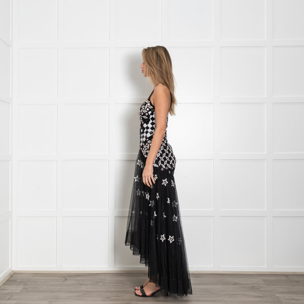 Temperley Black White Sequinned Net Sleeveless Long Dress