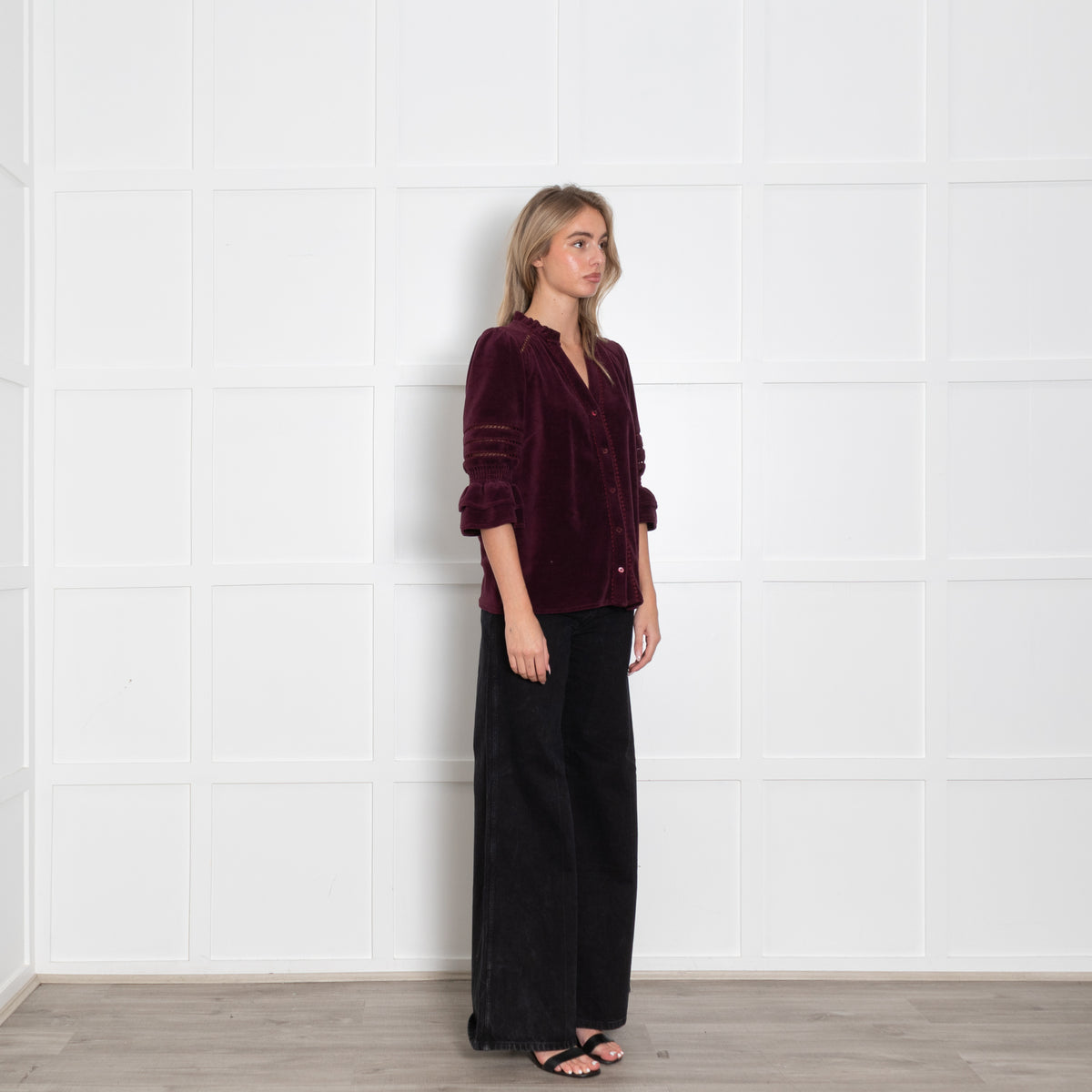 Wyse Burgundy Frill Lace Detail Pin Needle Cord Top