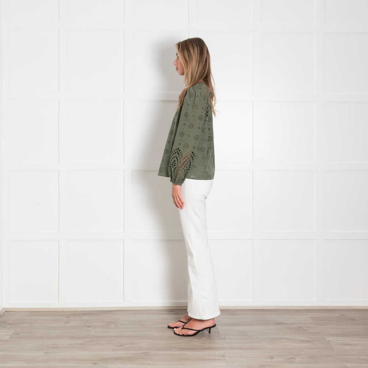 Wyse Khaki Green Cotton Broidery Long Sleeved Top