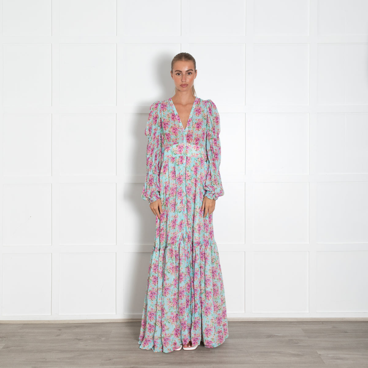 By Timo Turquoise Pink Floral Peplum Maxi Dress