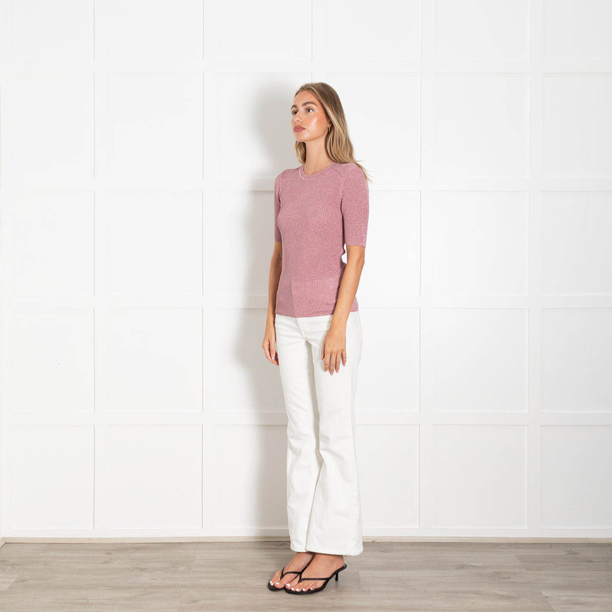 Ba&sh Pink Lurex Short Sleeve Rib Top