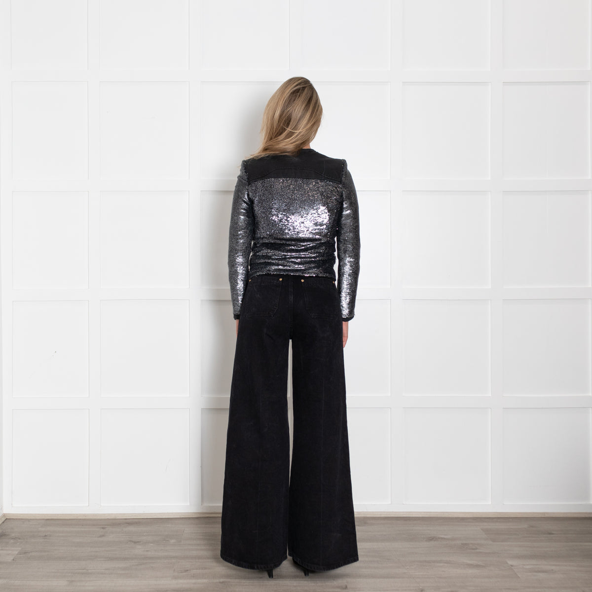 IRO Silver Sequin Leather Panel Jacket
