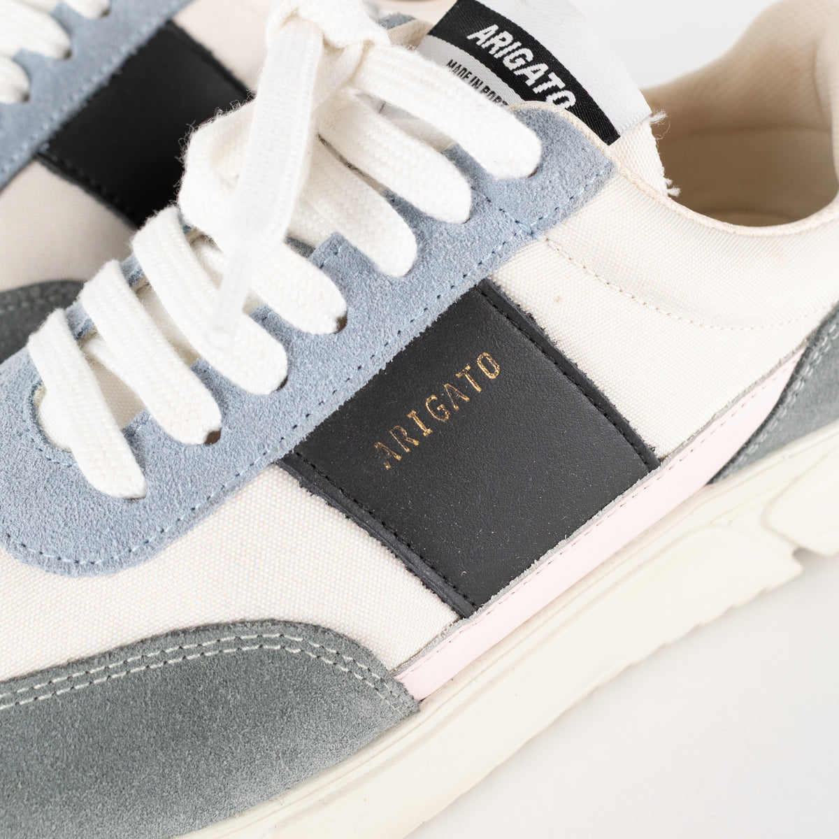 Axel Arigato Cream Genesis Vintage Runner Trainers With Blue Suede And Lepoard Print Heel