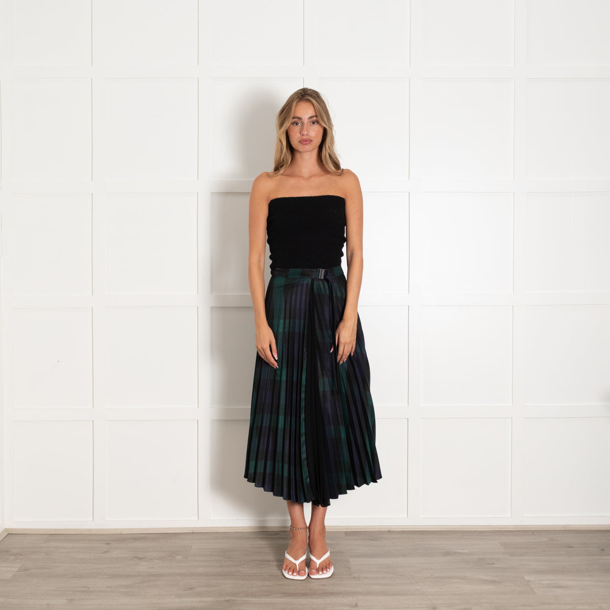 Sandro Navy Green Tartan Pleated Wrap Skirt