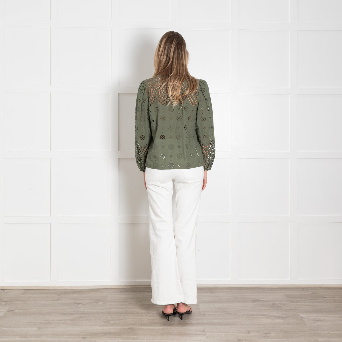 Wyse Khaki Green Cotton Broidery Long Sleeved Top