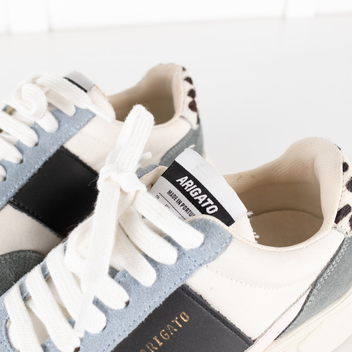 Axel Arigato Cream Genesis Vintage Runner Trainers With Blue Suede And Lepoard Print Heel