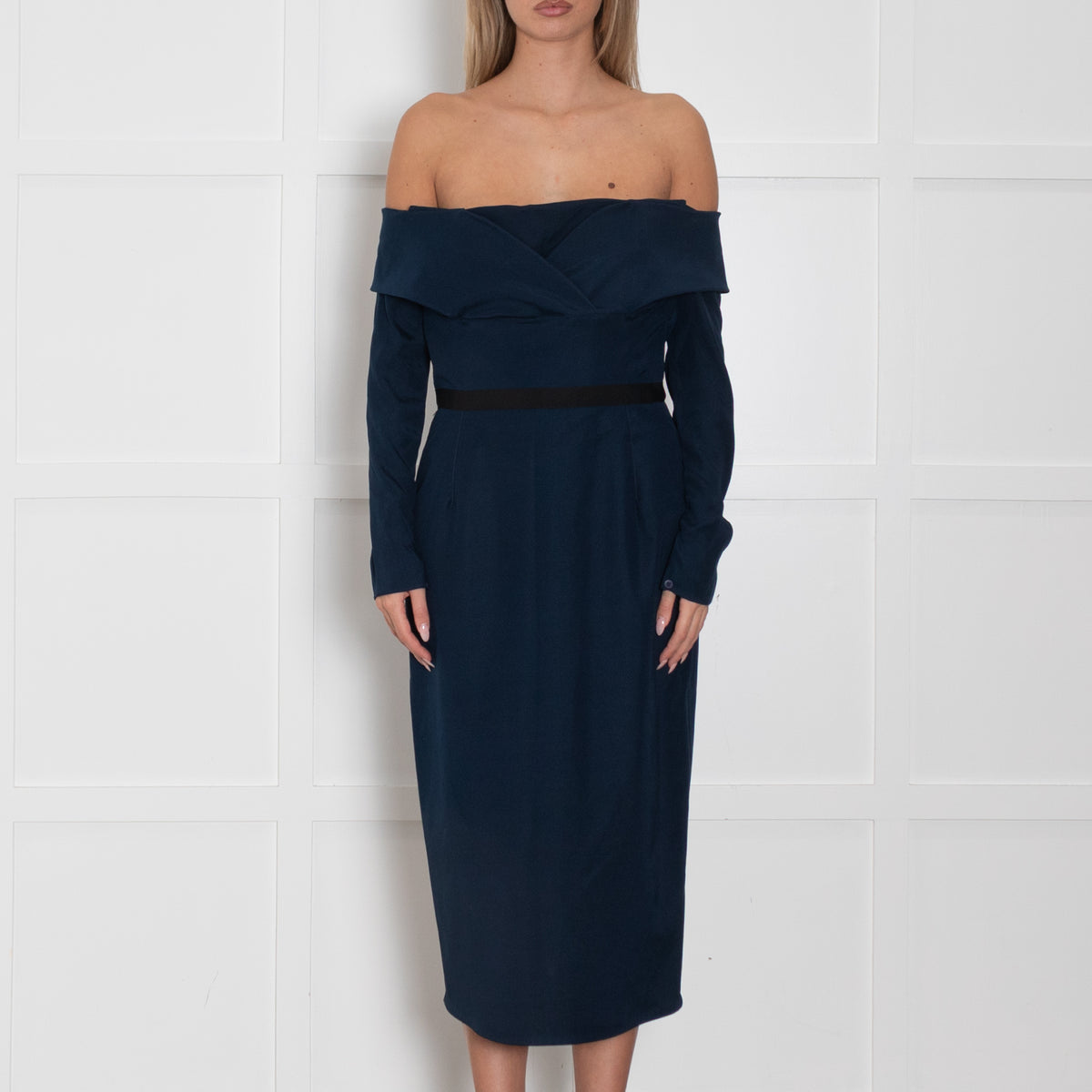 Emilio De La Morena Navy Blue Boned Bodice Sleeved Dress