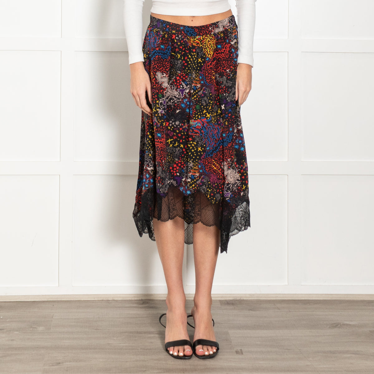 Zadig & Voltaire Black Multi Floral Lace Trim Silk Skirt