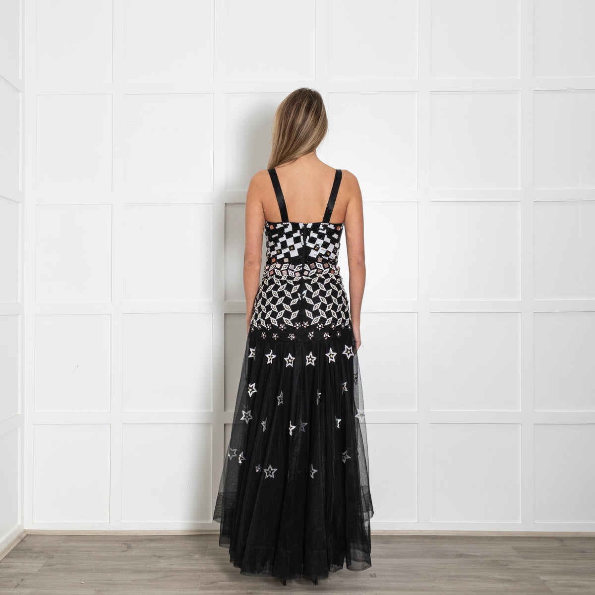 Temperley Black White Sequinned Net Sleeveless Long Dress