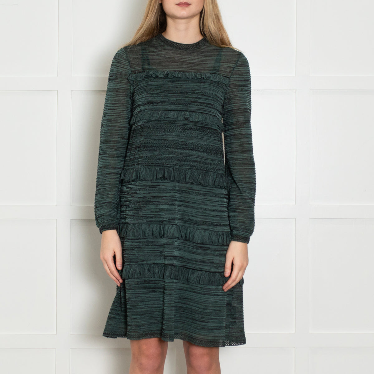M Missoni Teal Black Knit Frill Trim Long Sleeve Dress With Slip