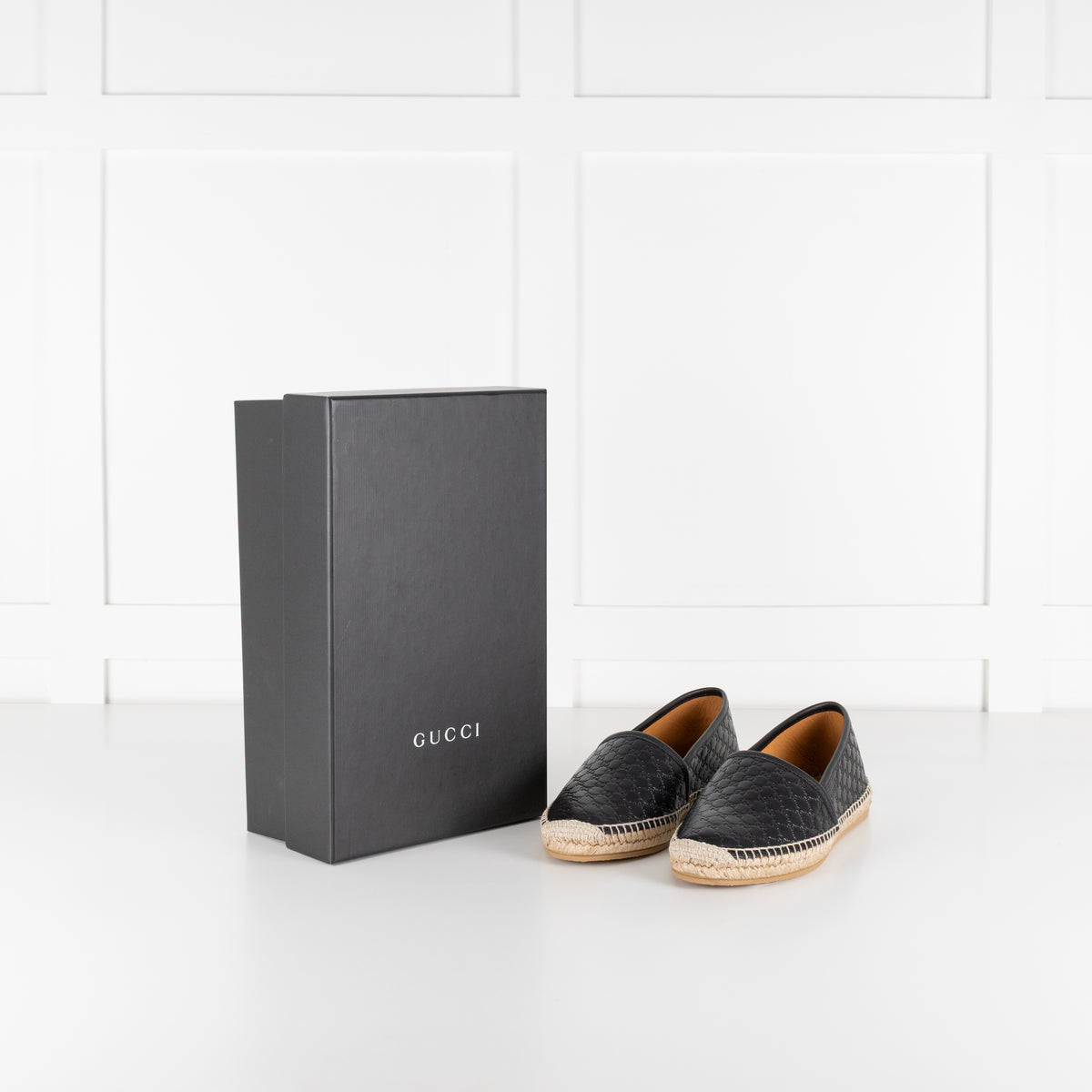 Gucci Black Leather Logo Embossed Espadrilles